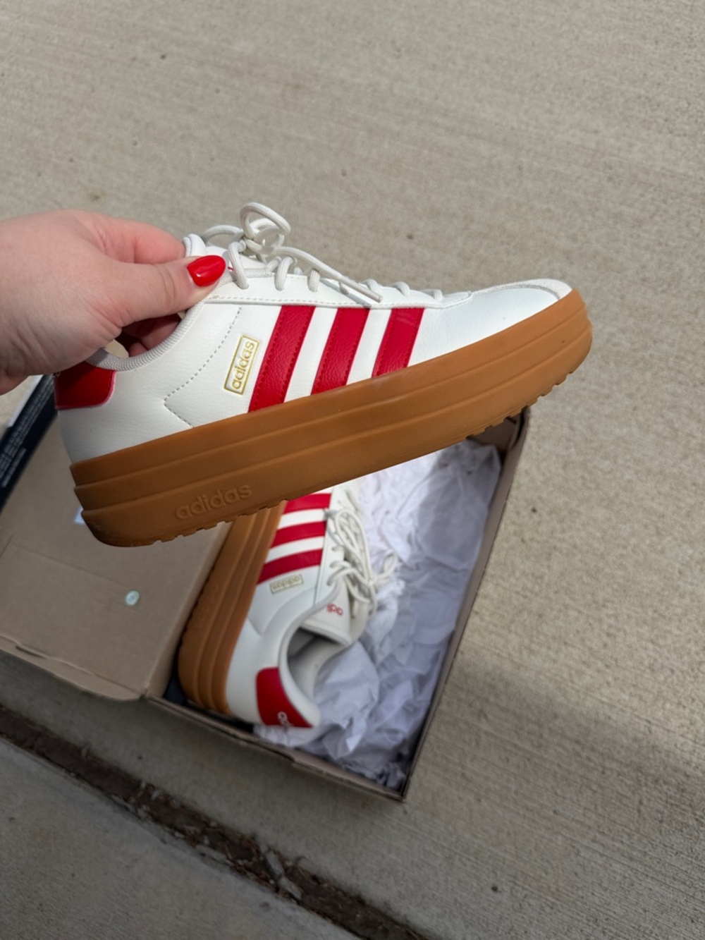 adidas women’s VL court bold Sneakers - White with Red Stripes and Gum Sole